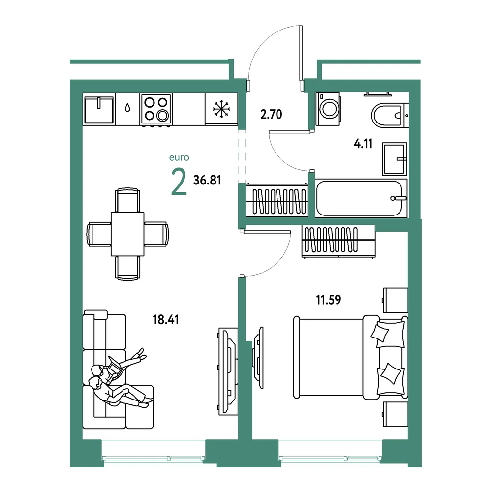 Планировка: Домашний 2-комнатная 36,81м²