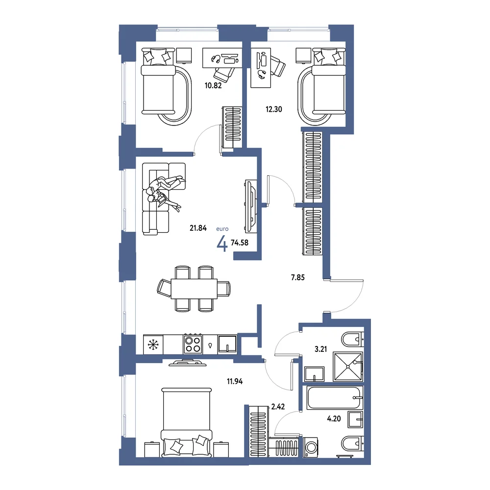 Планировка: Домашний 3-комнатная 74,58м²