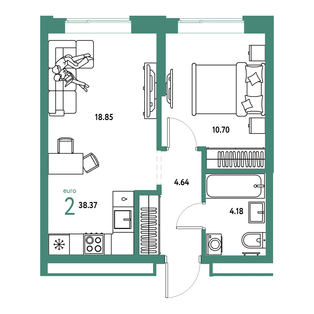 Планировка: Домашний 2-комнатная 38,37м²