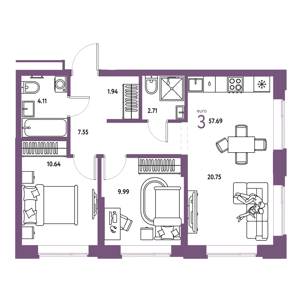 Планировка: Домашний 3-комнатная 57,69м²