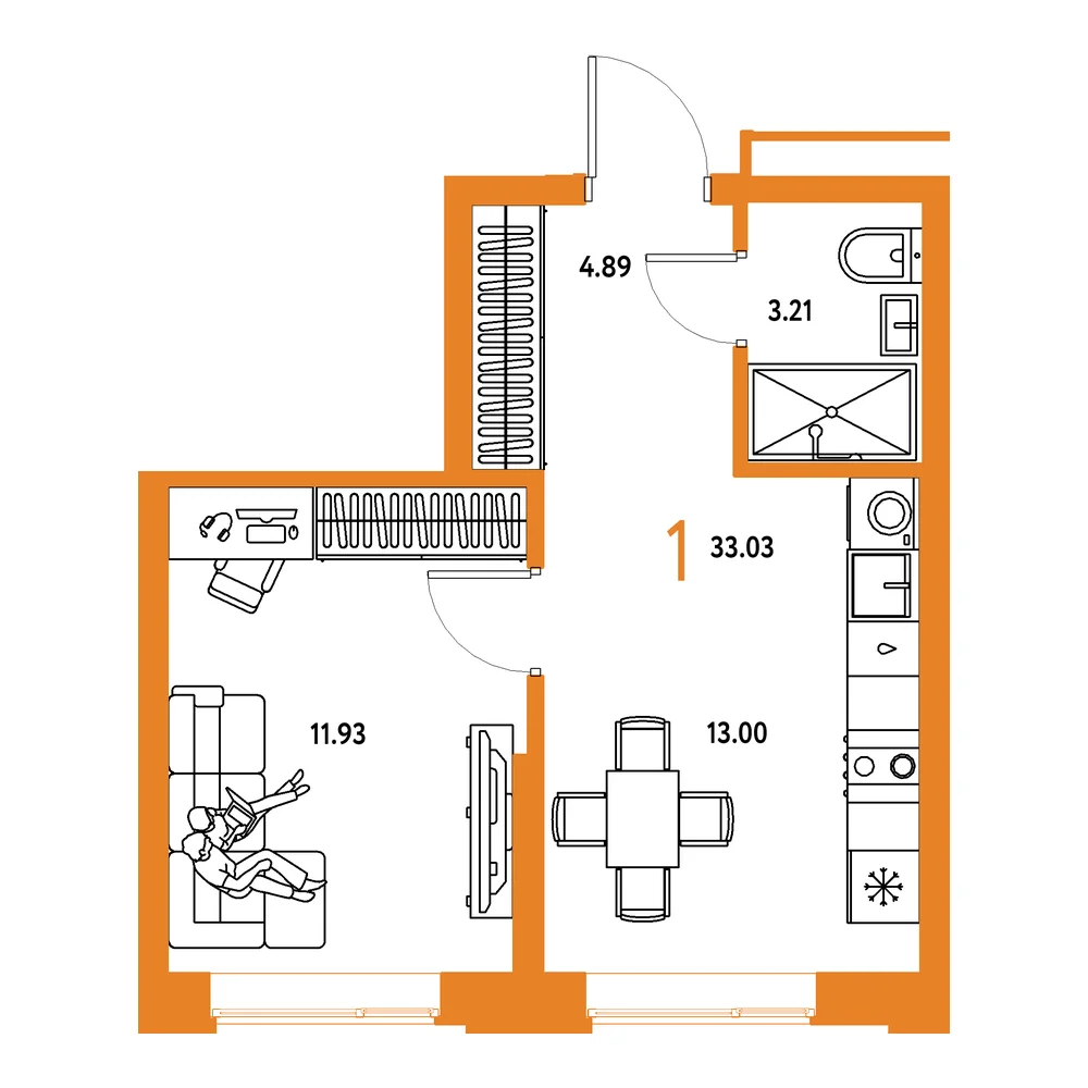 Планировка: Домашний 1-комнатная 33,03м²