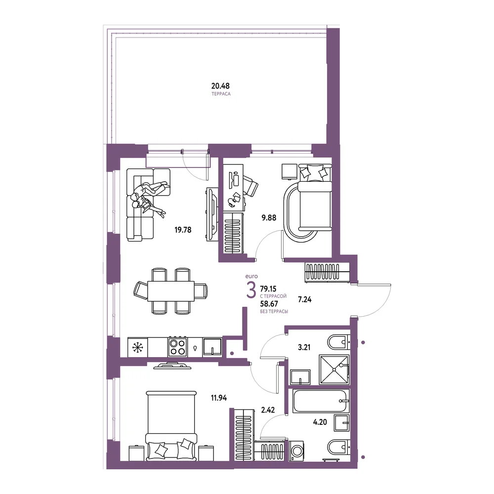 Планировка: Домашний 3-комнатная 79,15м²