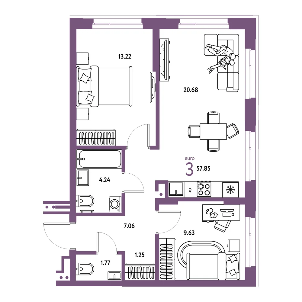 Планировка: Домашний 3-комнатная 57,85м²