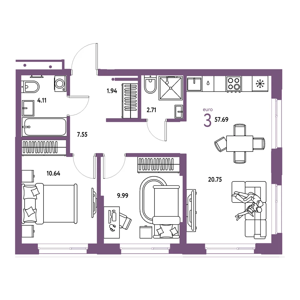 Планировка: Домашний 3-комнатная 57,69м²