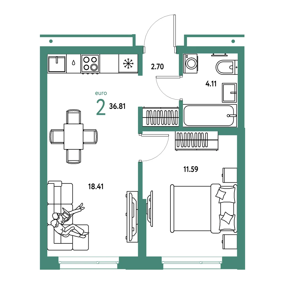 Планировка: Домашний 2-комнатная 36,81м²