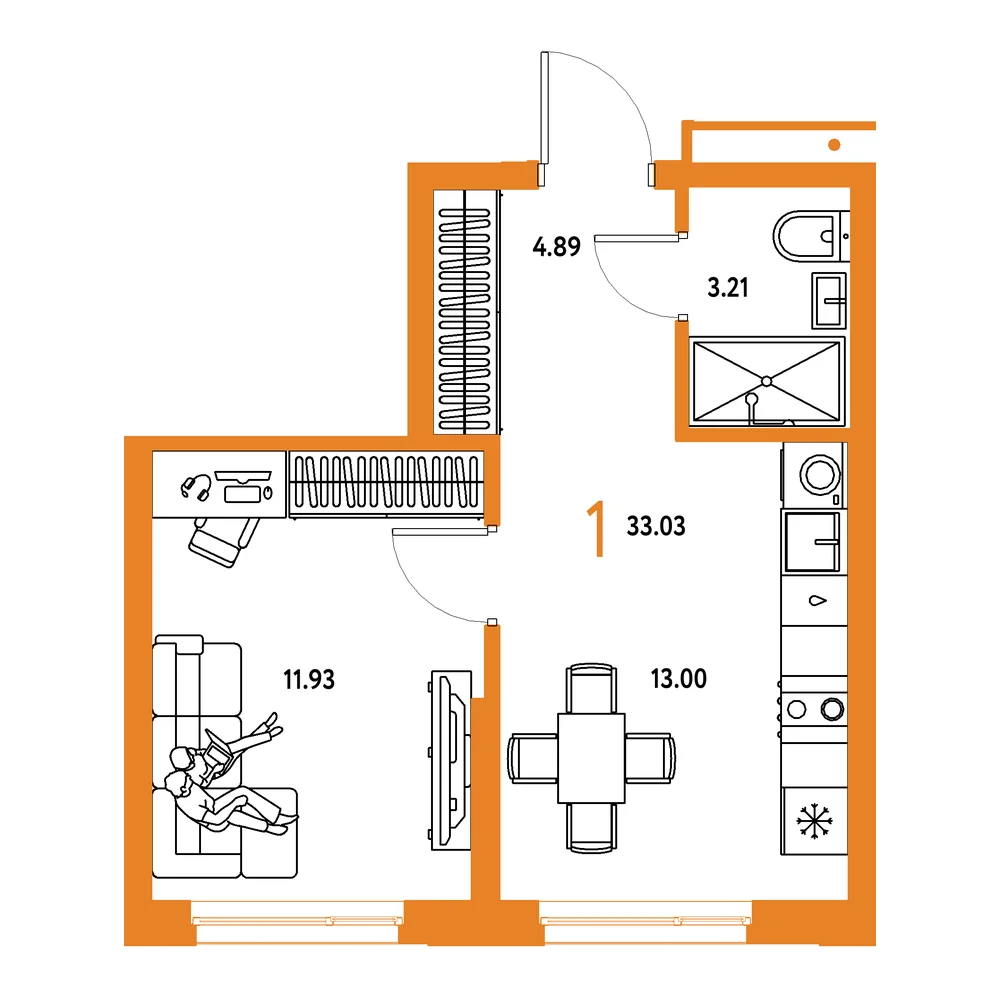 Планировка: Домашний 1-комнатная 33,03м²