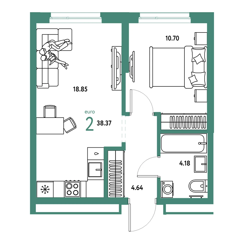 Планировка: Домашний 2-комнатная 38,37м²