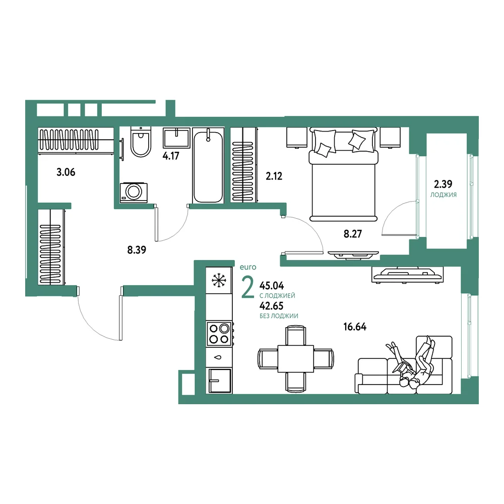 Планировка: Домашний 2-комнатная 45,04м²