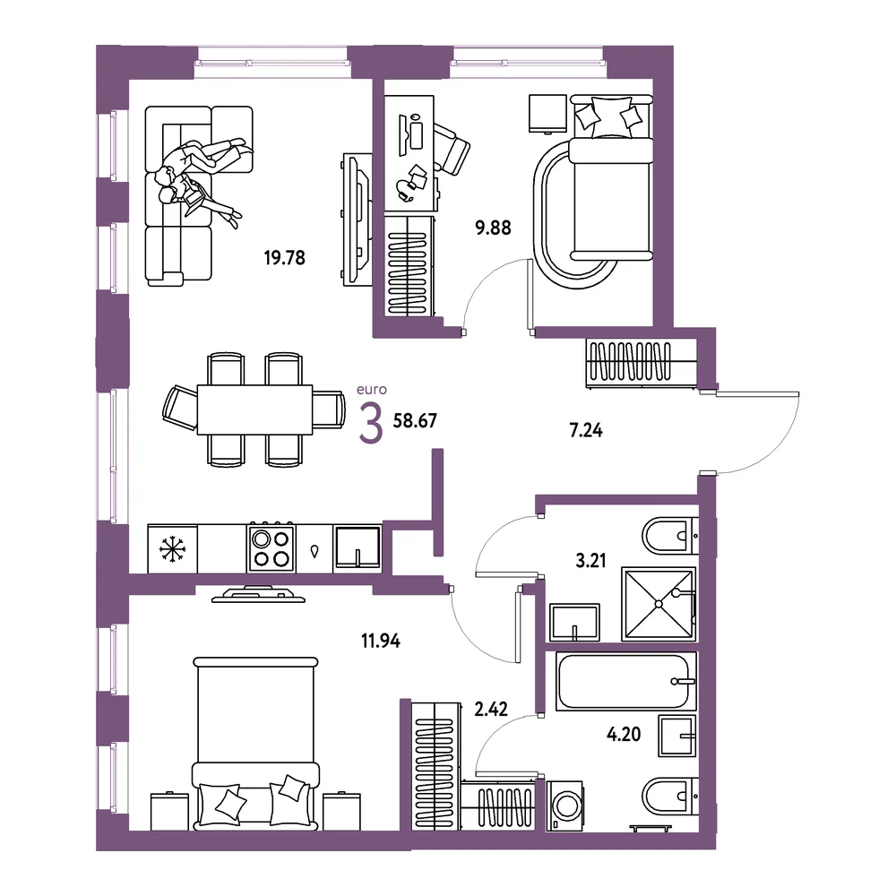 Планировка: Домашний 3-комнатная 58,67м²