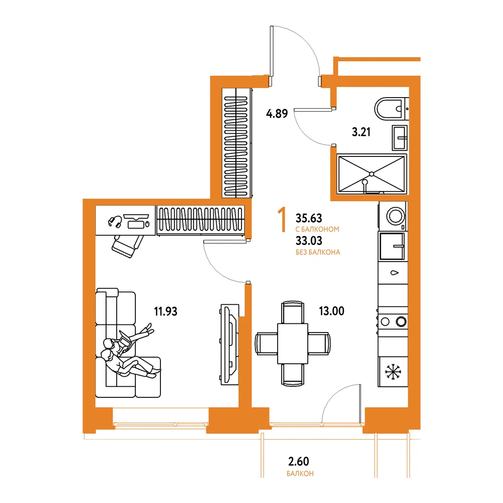 Планировка: Домашний 1-комнатная 35,63м²
