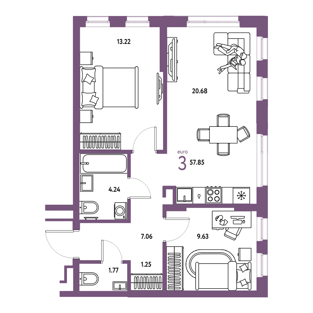 Планировка: Домашний 3-комнатная 57,85м²