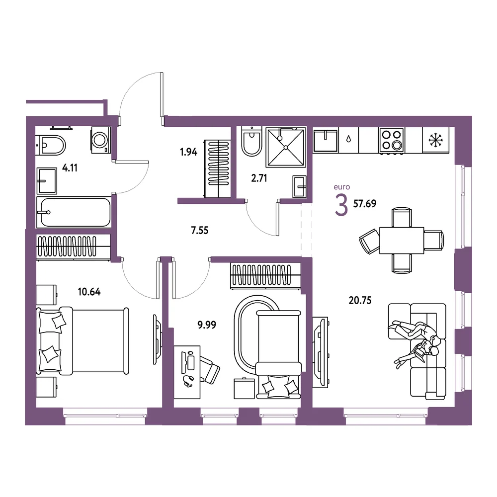 Планировка: Домашний 3-комнатная 57,69м²