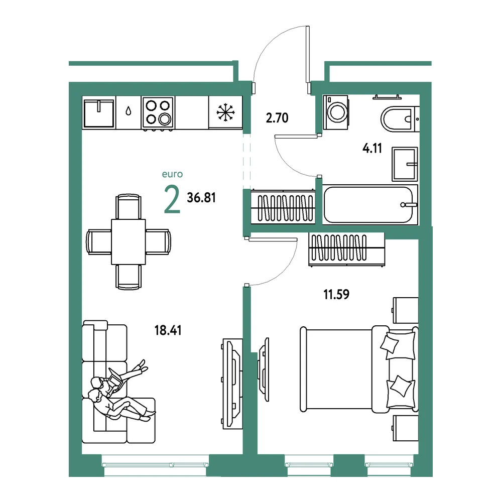 Планировка: Домашний 2-комнатная 36,81м²