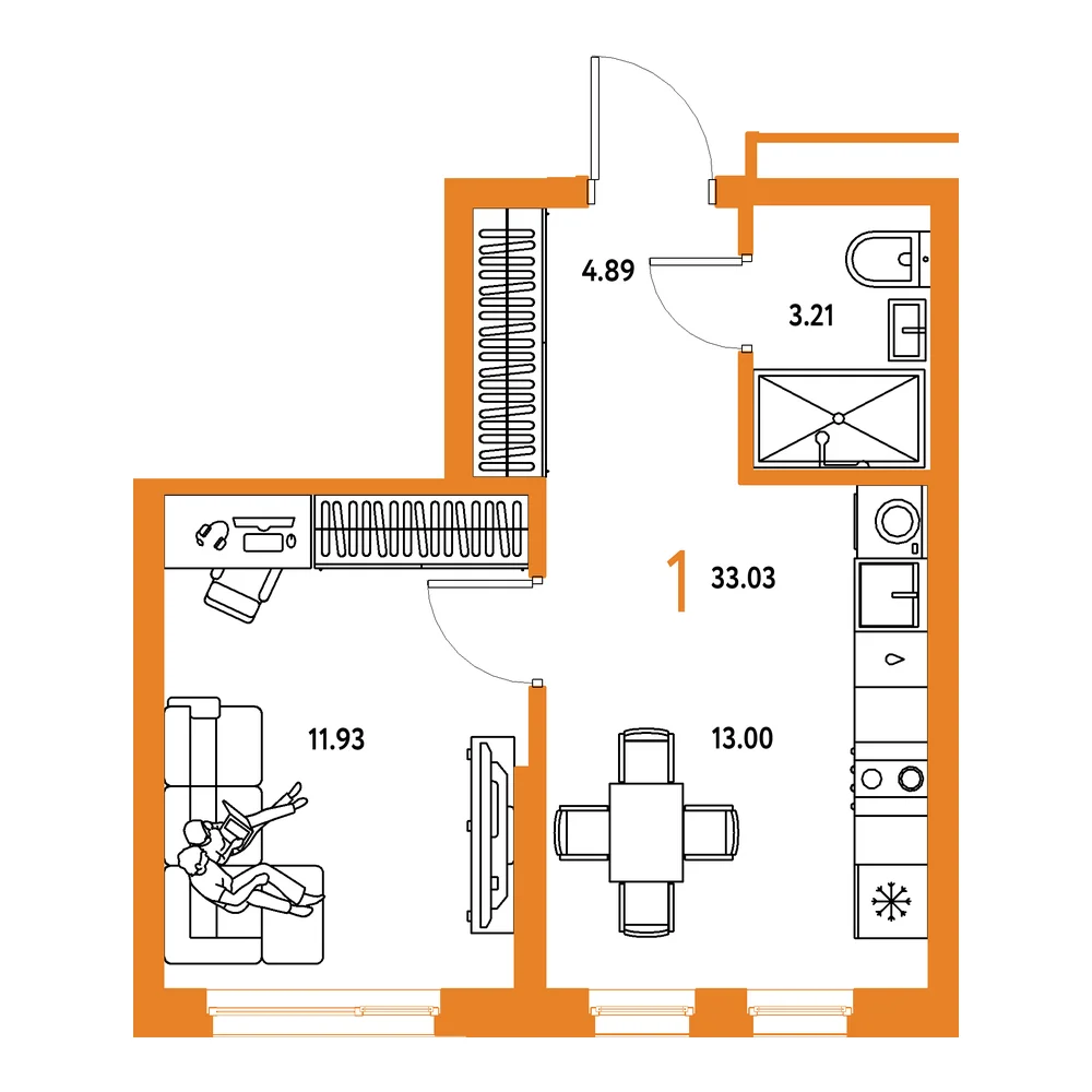 Планировка: Домашний 1-комнатная 33,03м²