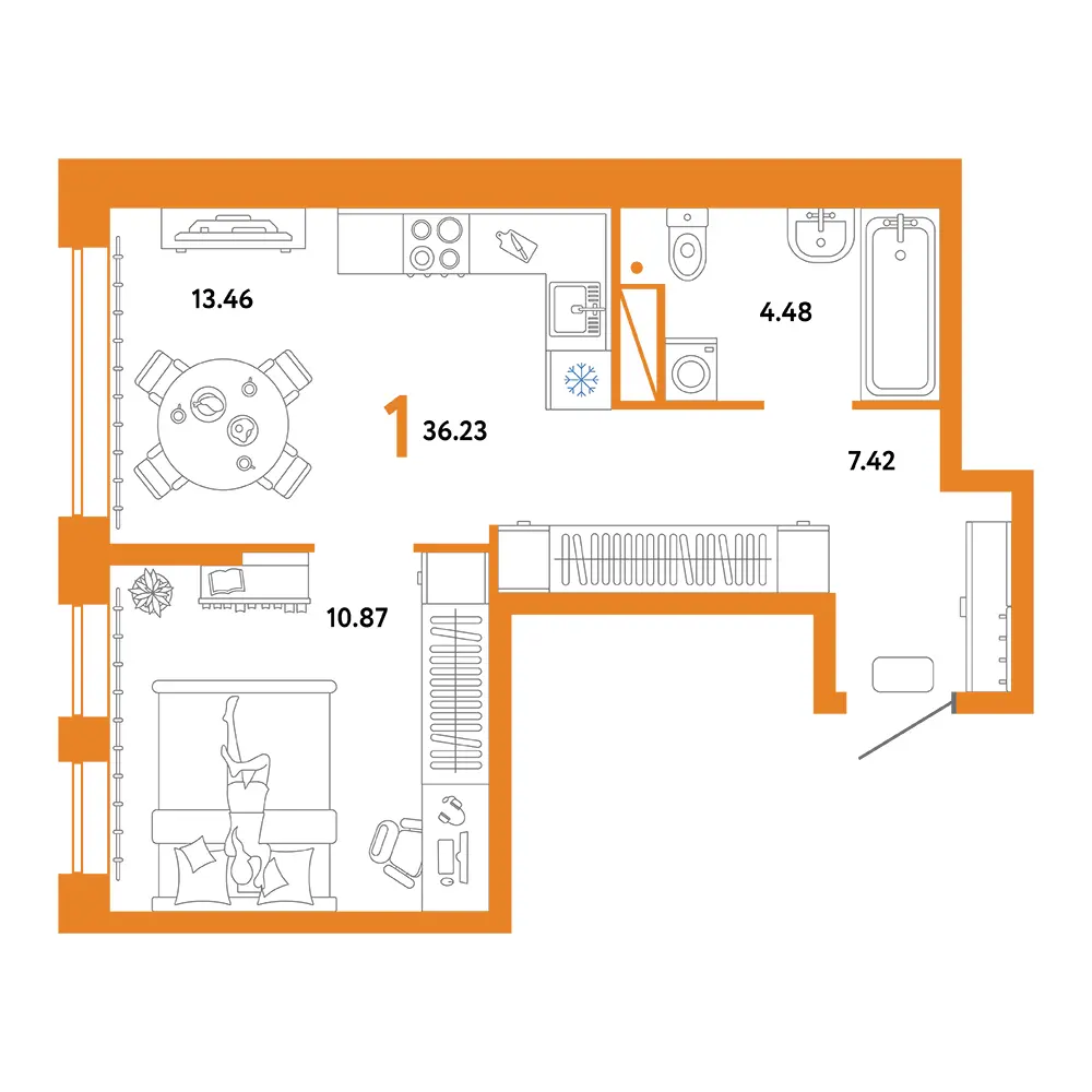 Планировка: Домашний 1-комнатная 36,23м²