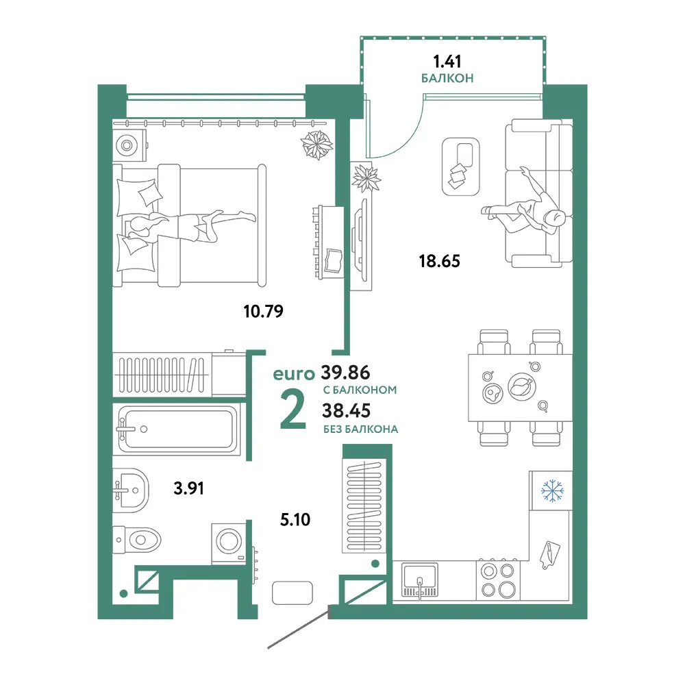 Планировка: Домашний 2-комнатная 39,86м²