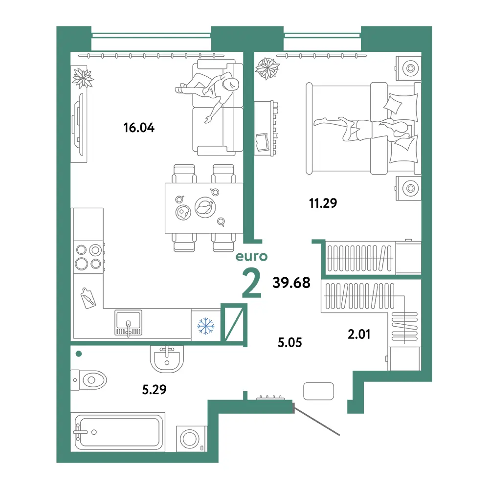 Планировка: Домашний 2-комнатная 39,68м²