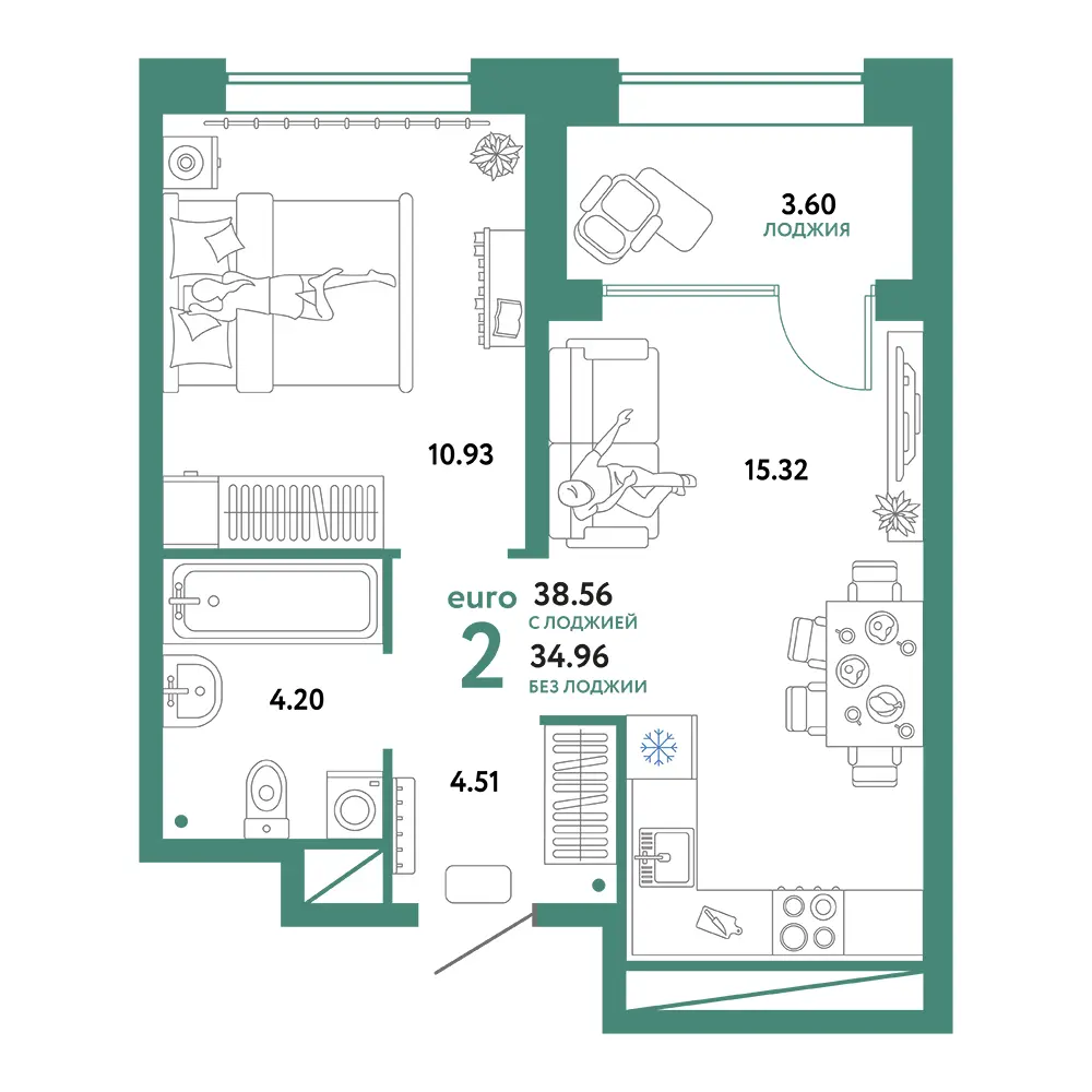 Планировка: Домашний 2-комнатная 38,56м²