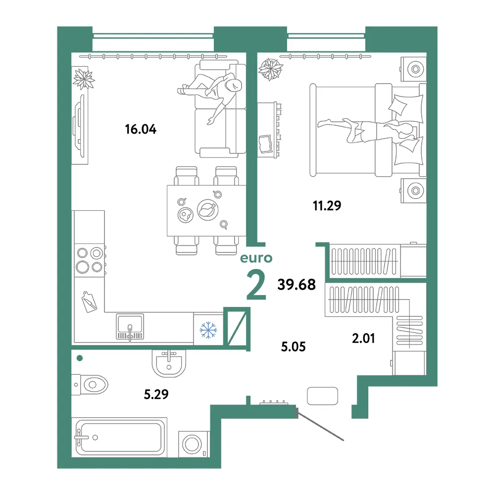 Планировка: Домашний 2-комнатная 39,68м²