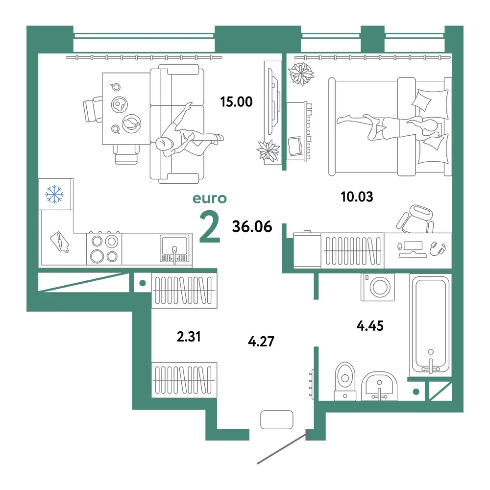 Планировка: Домашний 2-комнатная 36,06м²