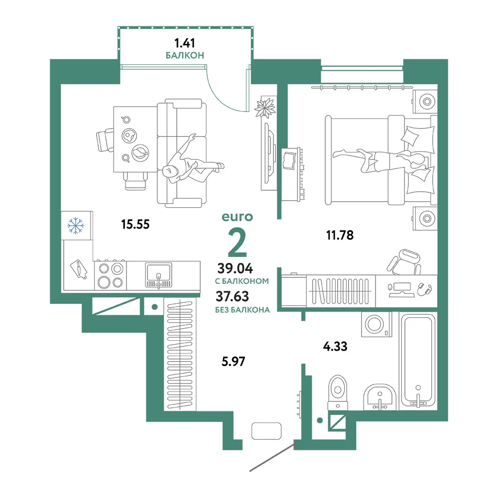 Планировка: Домашний 2-комнатная 39,04м²