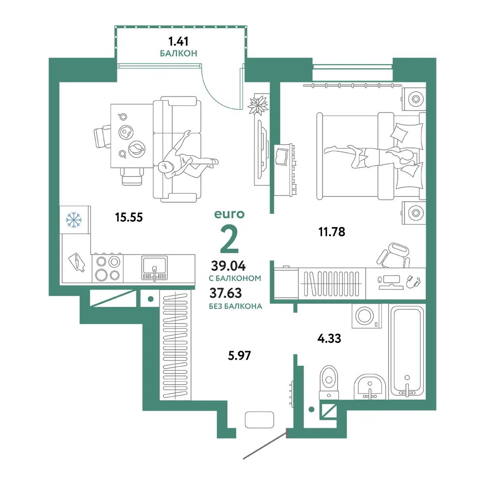 Планировка: Домашний 2-комнатная 39,04м²