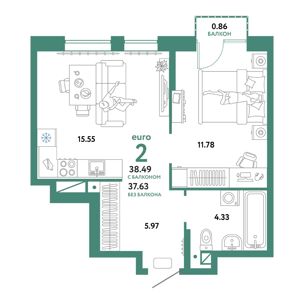 Планировка: Домашний 2-комнатная 38,49м²