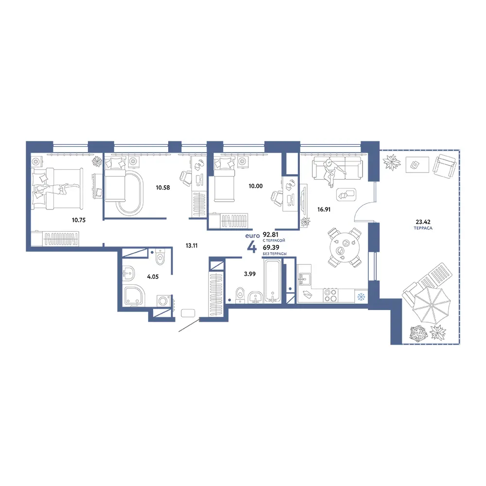 Планировка: Домашний 4-комнатная 92,81м²