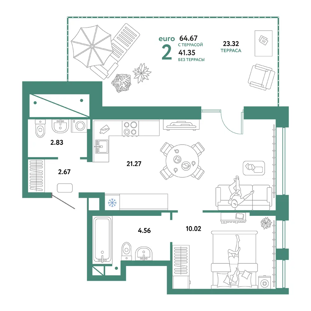 Планировка: Домашний 2-комнатная 64,67м²