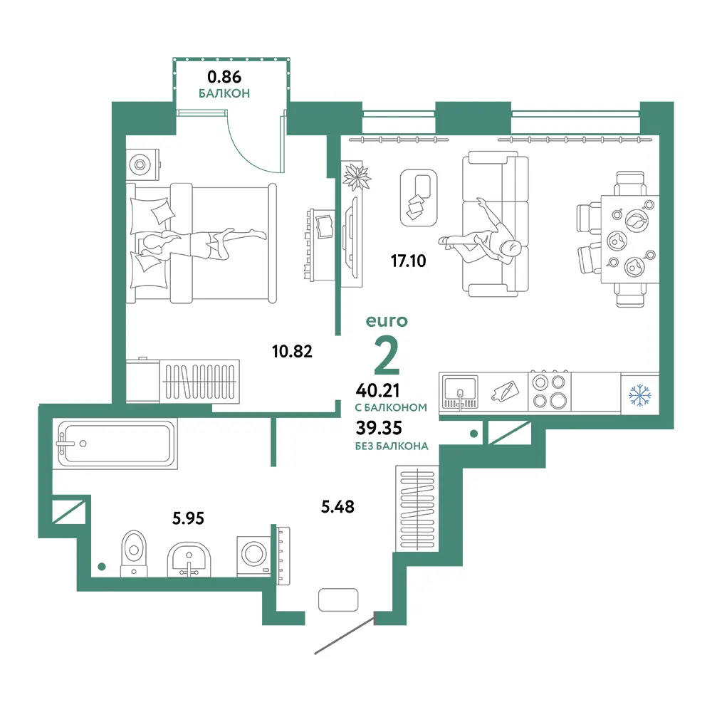 Планировка: Домашний 2-комнатная 40,21м²