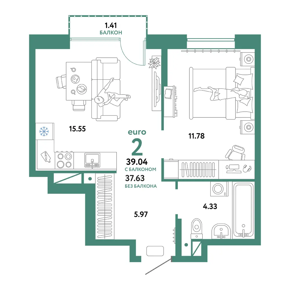 Планировка: Домашний 2-комнатная 39,04м²