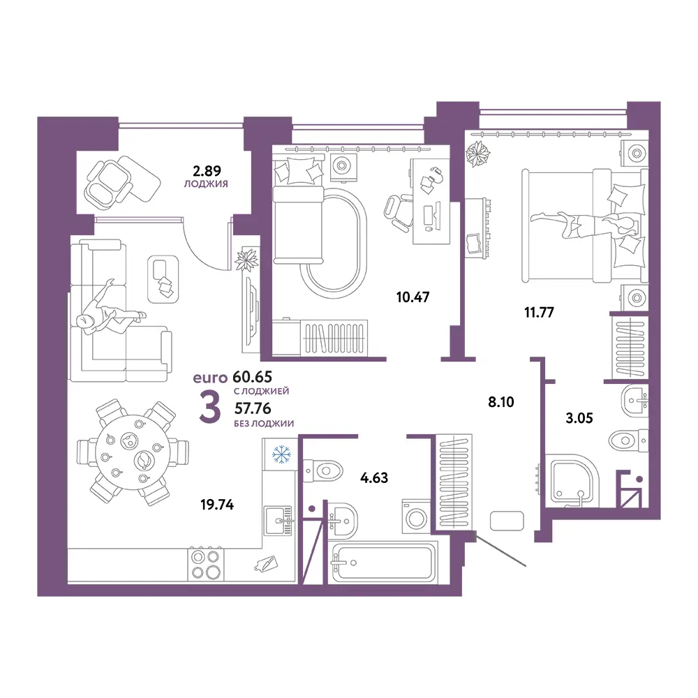 Планировка: Домашний 3-комнатная 60,65м²