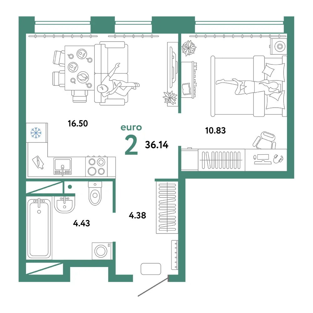 Планировка: Домашний 2-комнатная 36,14м²