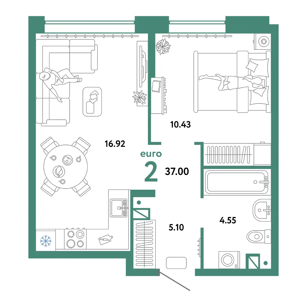 Планировка: Домашний 2-комнатная 37,00м²