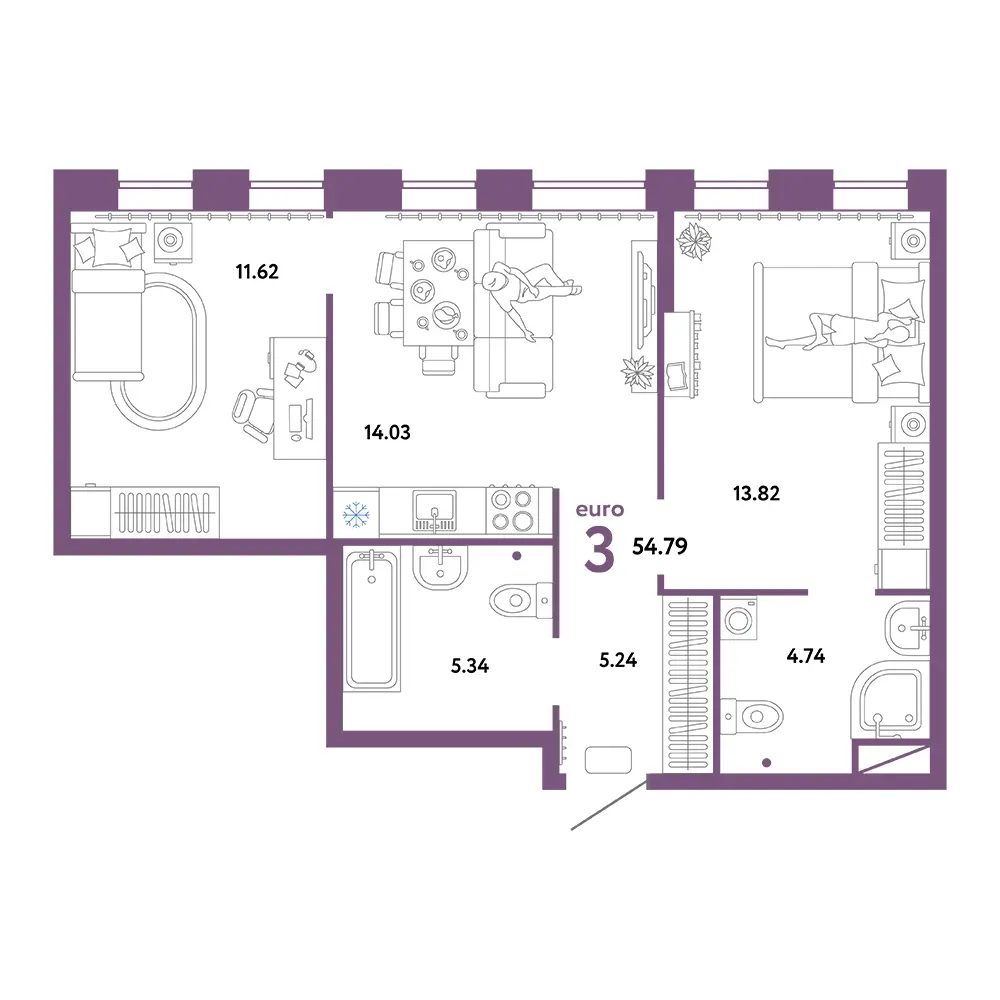 Планировка: Домашний 3-комнатная 54,79м²