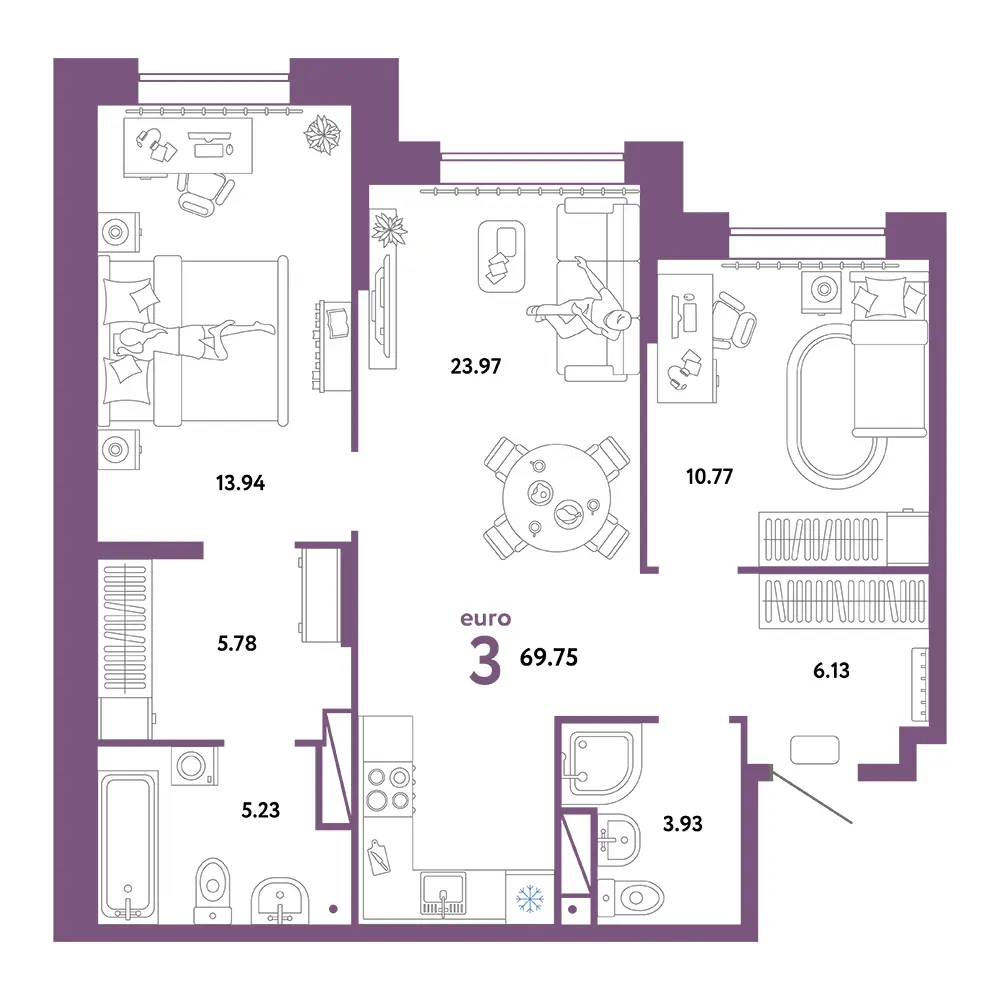 Планировка: Домашний 3-комнатная 69,75м²