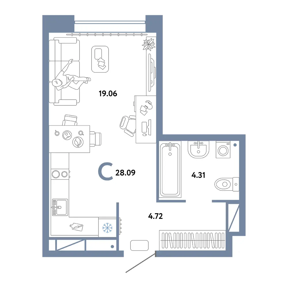Планировка: Домашний Студия 28,09м²