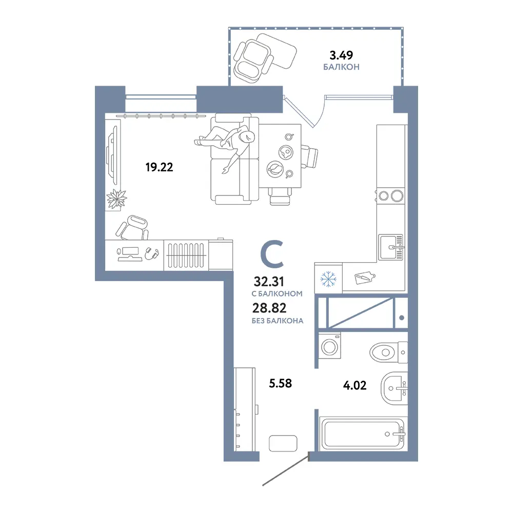 Планировка: Домашний Студия 32,31м²