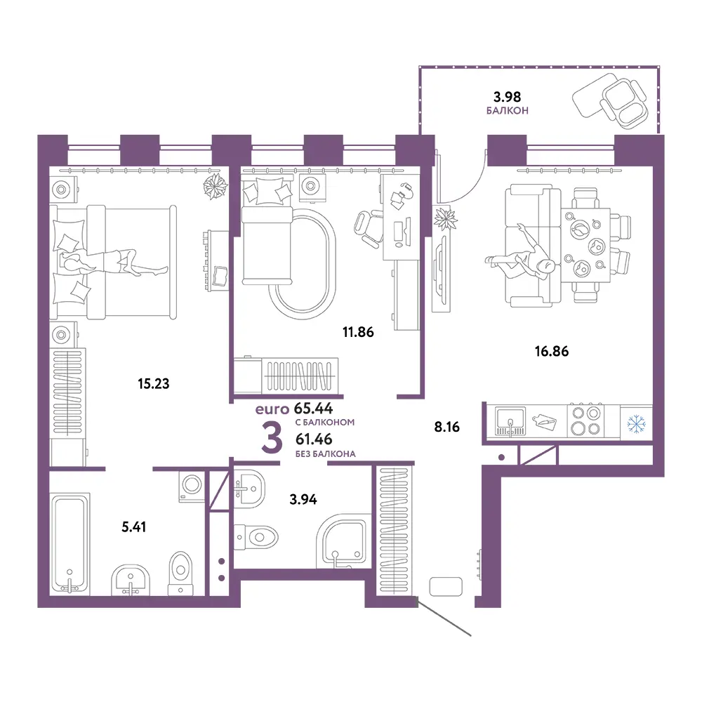 Планировка: Домашний 3-комнатная 65,44м²