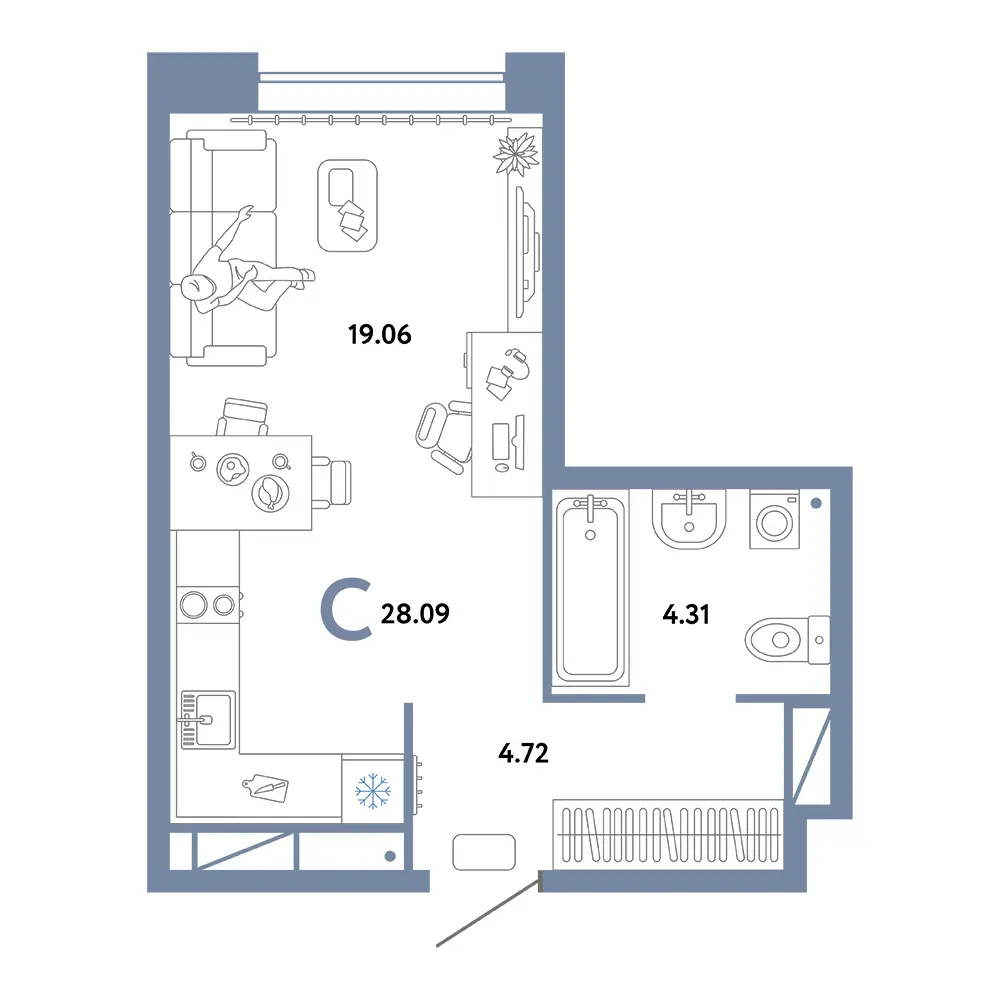 Планировка: Домашний Студия 28,09м²
