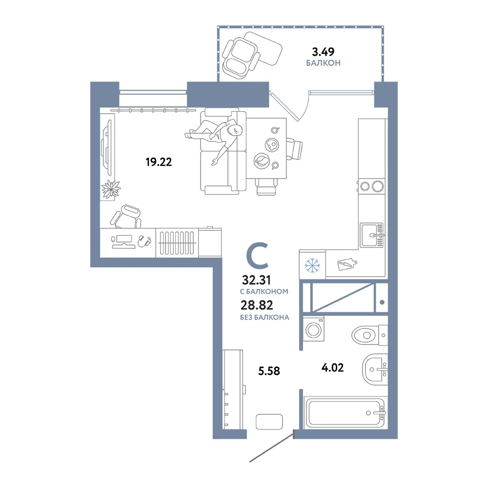 Планировка: Домашний Студия 32,31м²