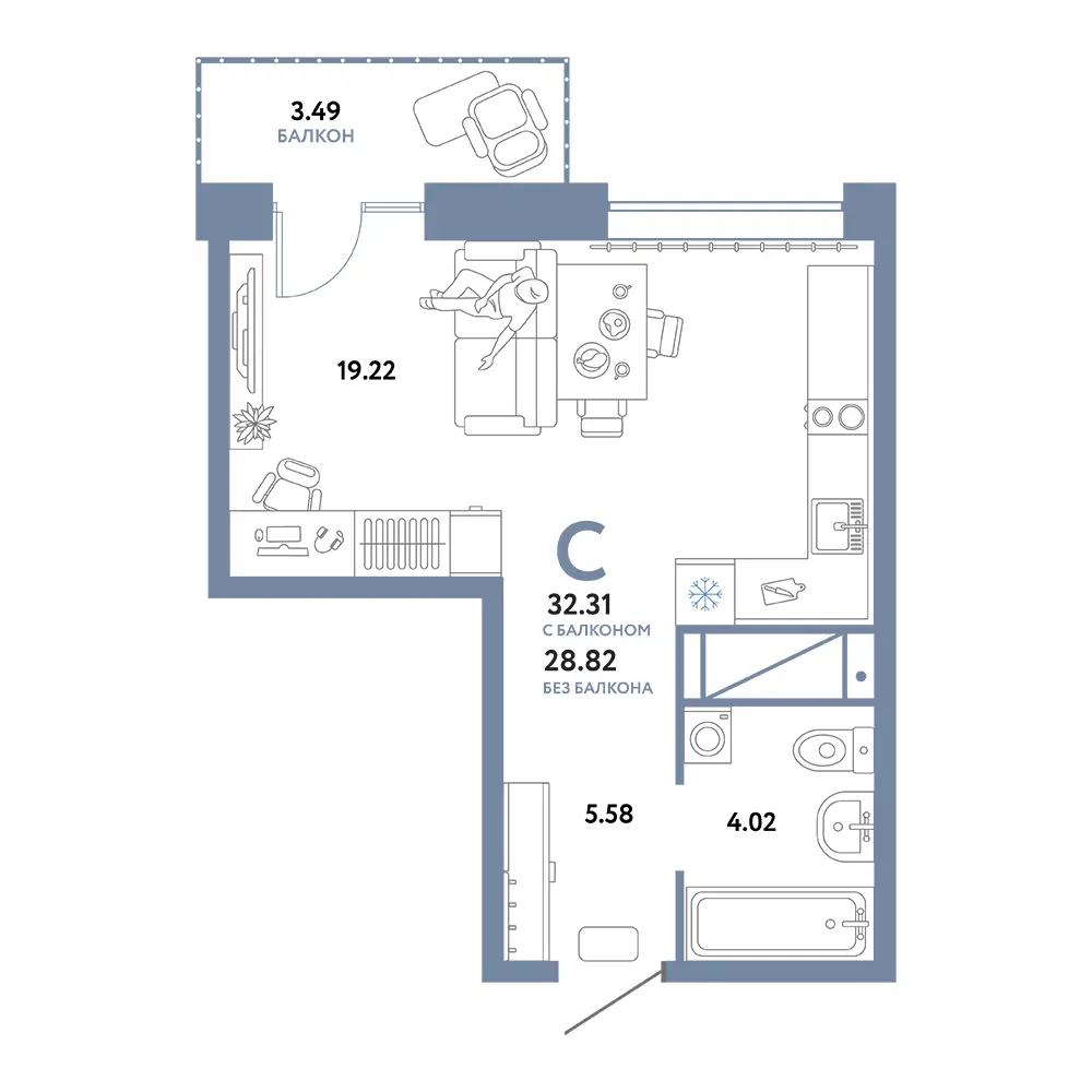 Планировка: Домашний Студия 32,31м²