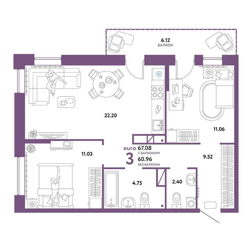 Планировка: Домашний 3-комнатная 67,08м²