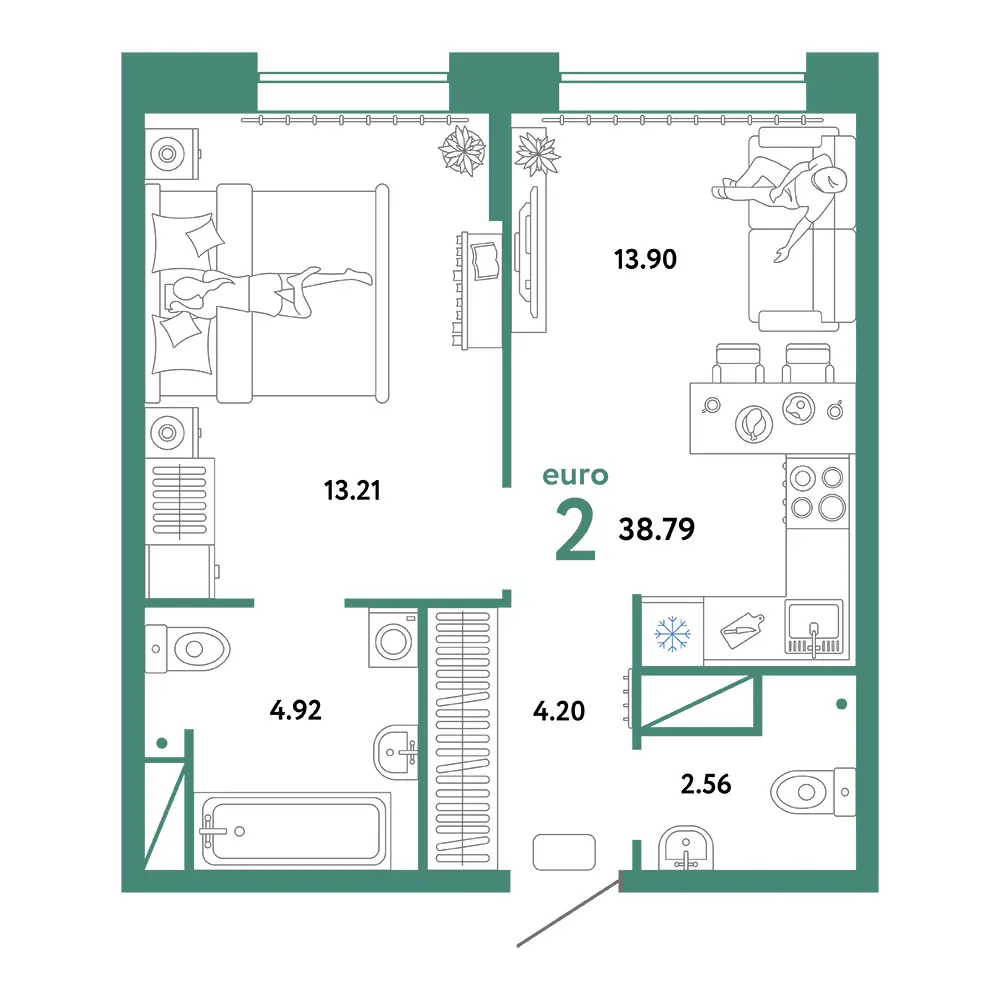 Планировка: Домашний 2-комнатная 38,79м²