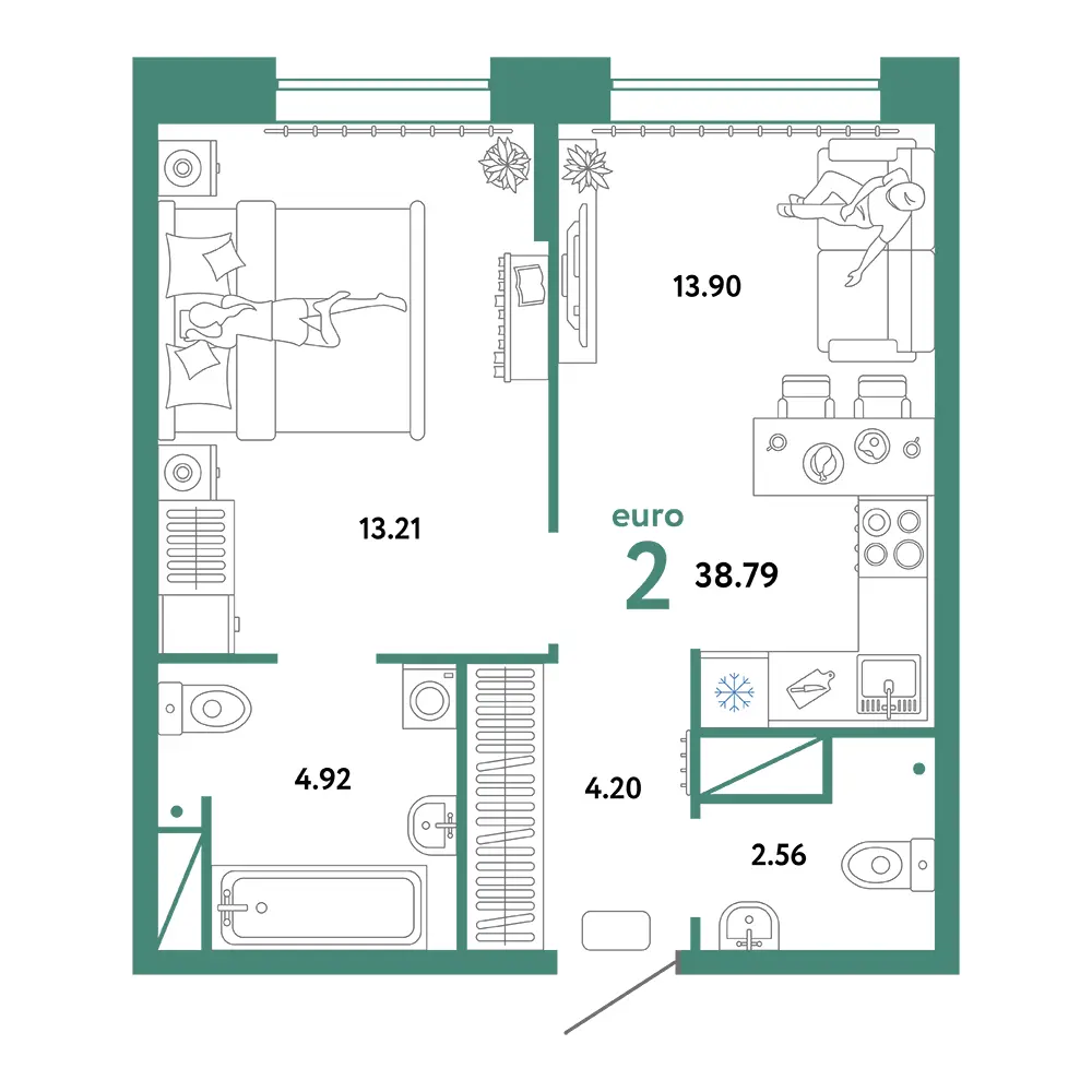 Планировка: Домашний 2-комнатная 38,79м²