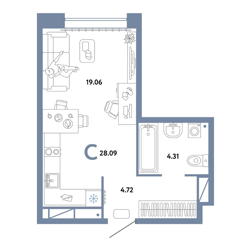 Планировка: Домашний Студия 28,09м²