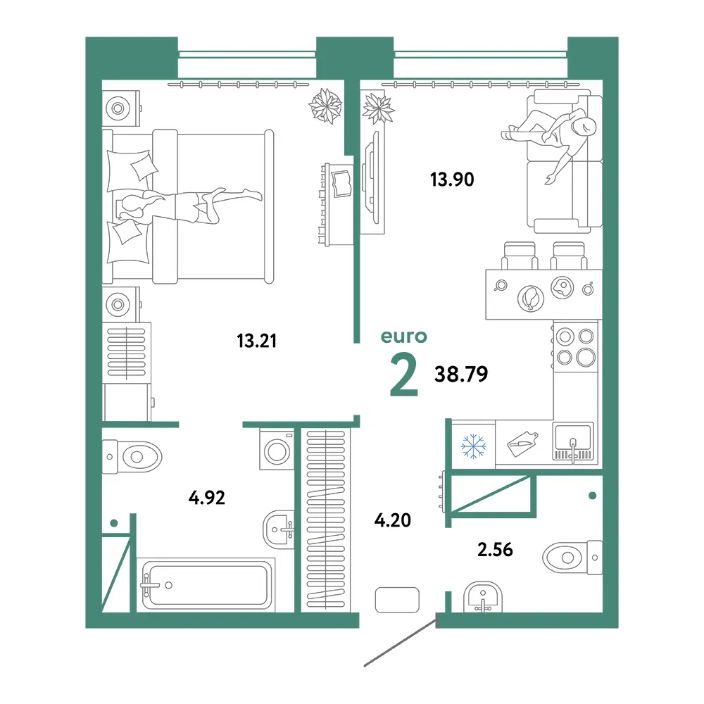 Планировка: Домашний 2-комнатная 38,79м²