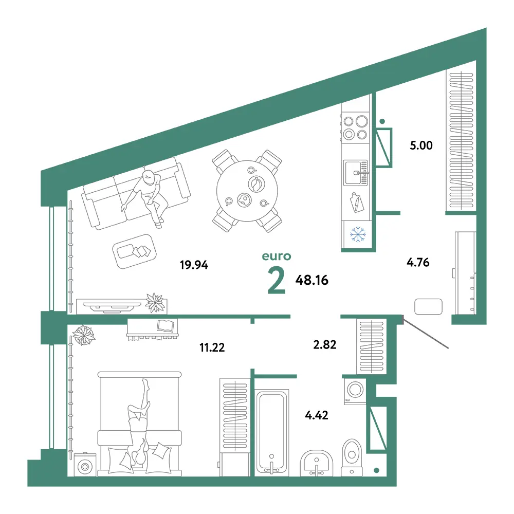 Планировка: Домашний 2-комнатная 48,16м²