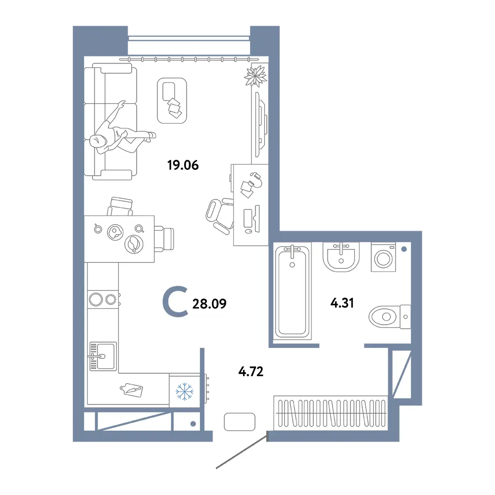Планировка: Домашний Студия 28,09м²