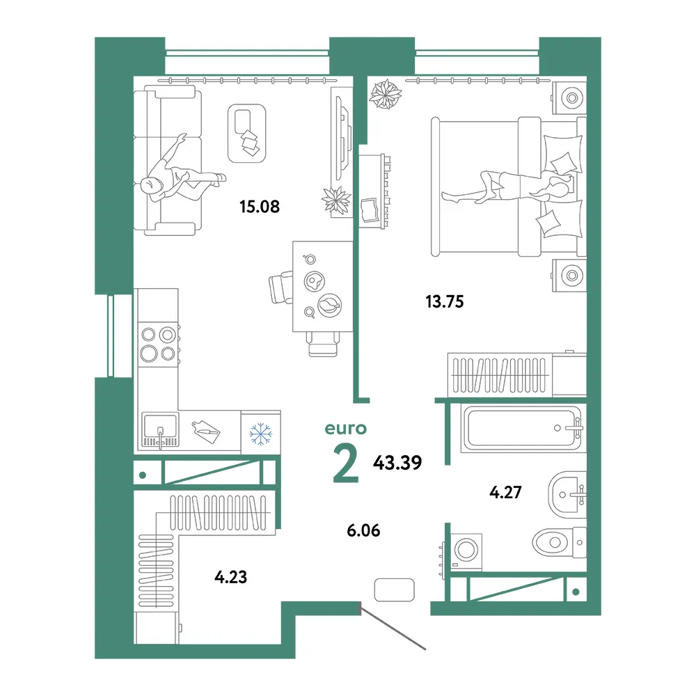 Планировка: Домашний 2-комнатная 43,39м²